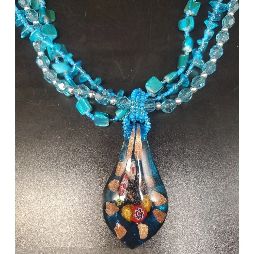 Dyed Abalone Shell And Glass Beaded Necklace With Large Blown Glass Pendant 20+